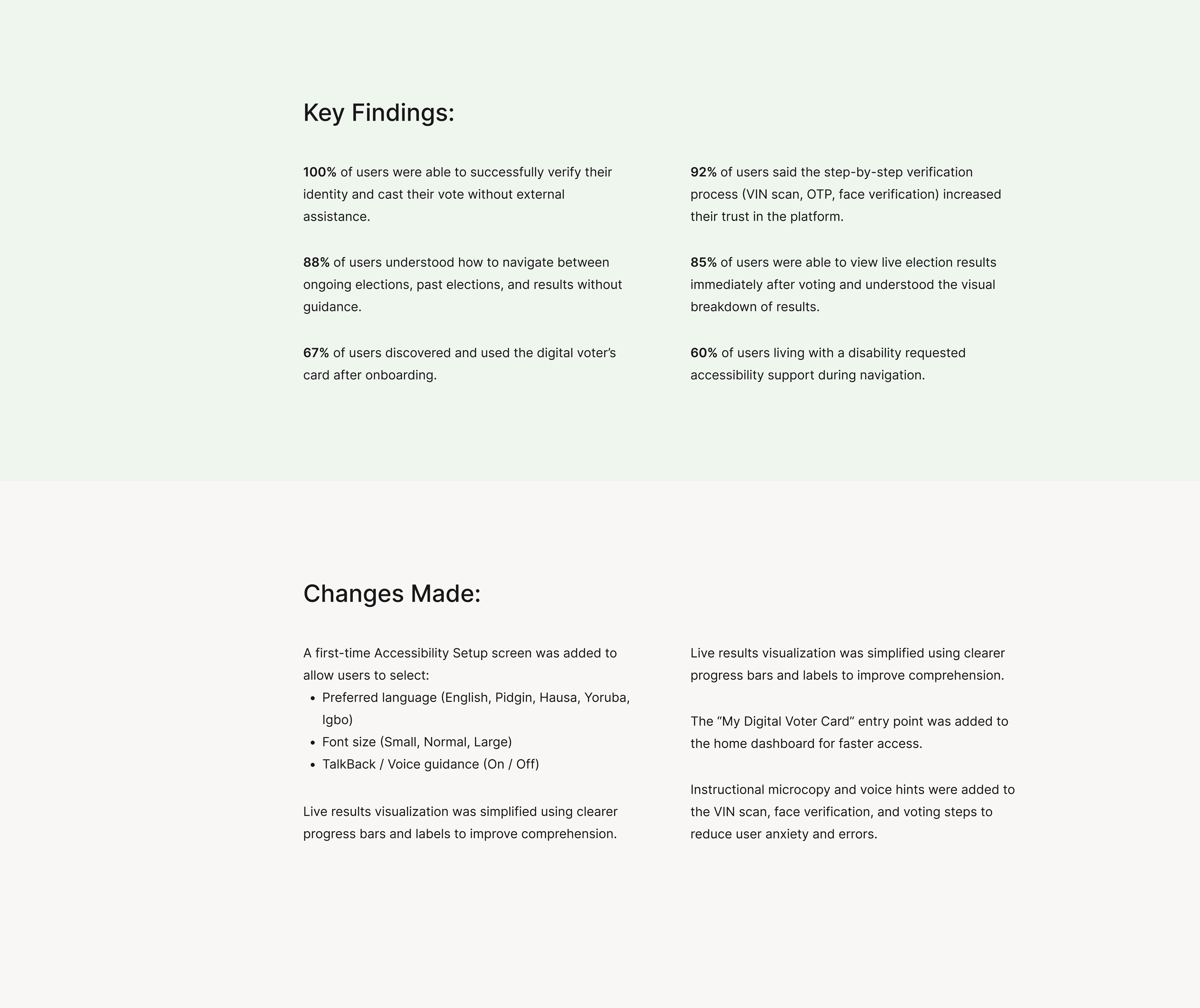 Key findings from user testing