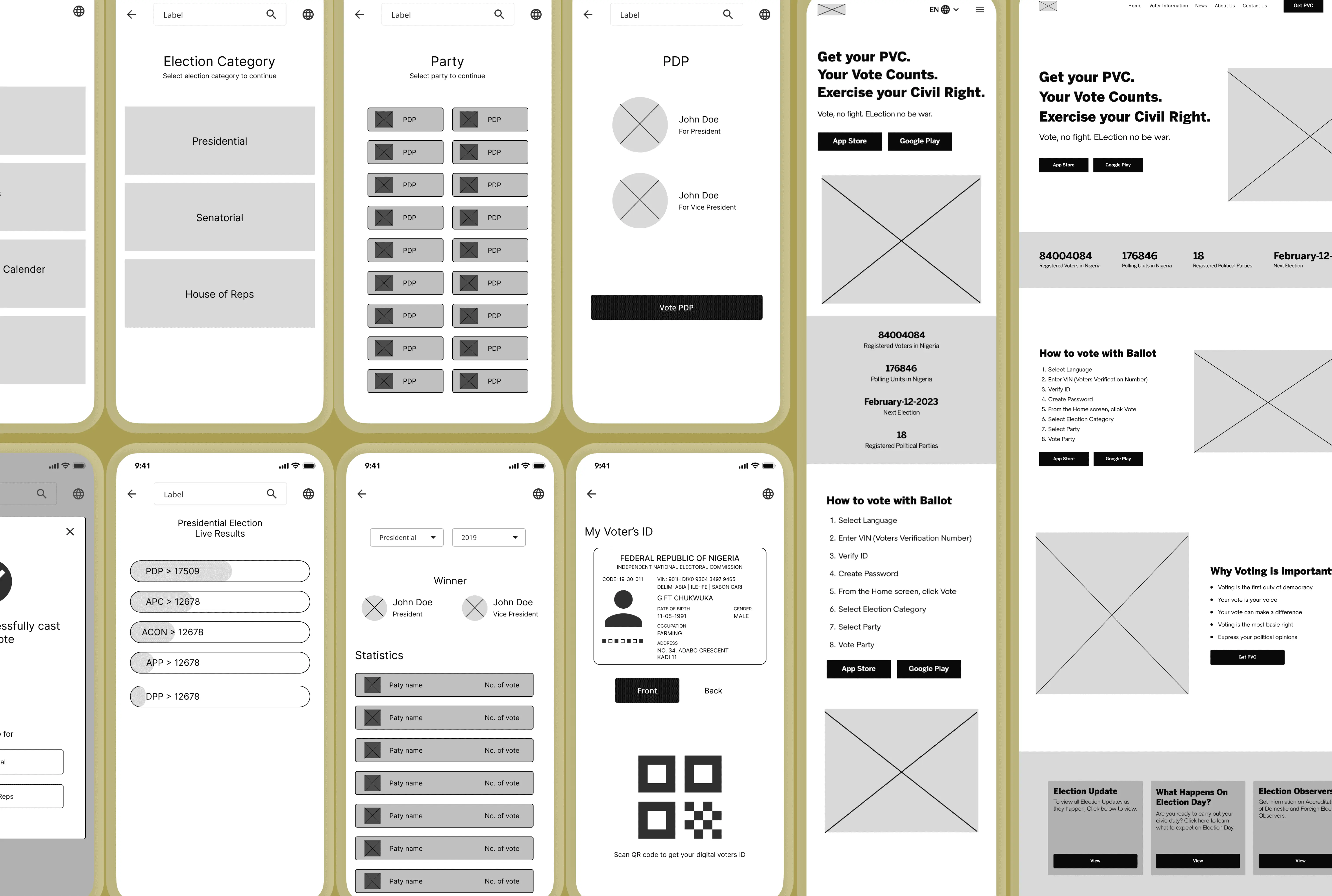 Mid-fidelity wireframes of the app